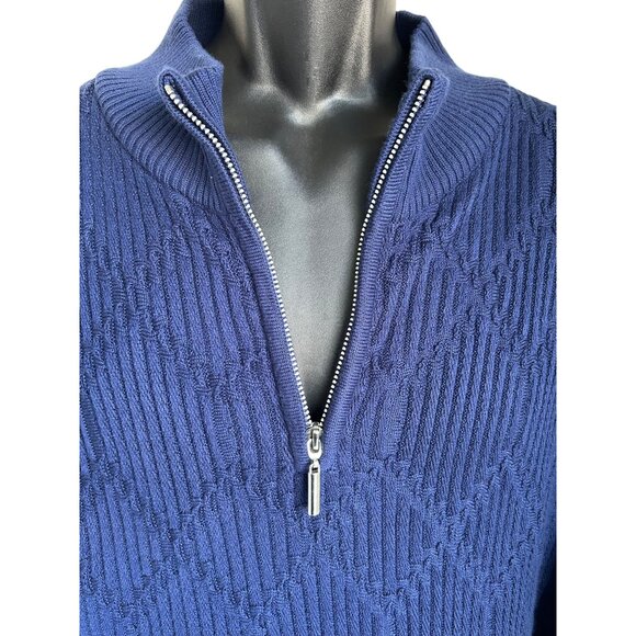 Royal Blue Ribbed Knit Pullover With Quarter Zip & Geometric Texture Design - Picture 6 of 13